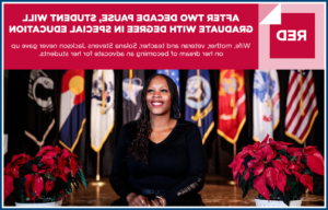 Graphic image of graduating student Solana Stevens Jackson sitting on stage between two poinsettia plants and a row of flags in the background. Text overlaid on the graphic reads: 